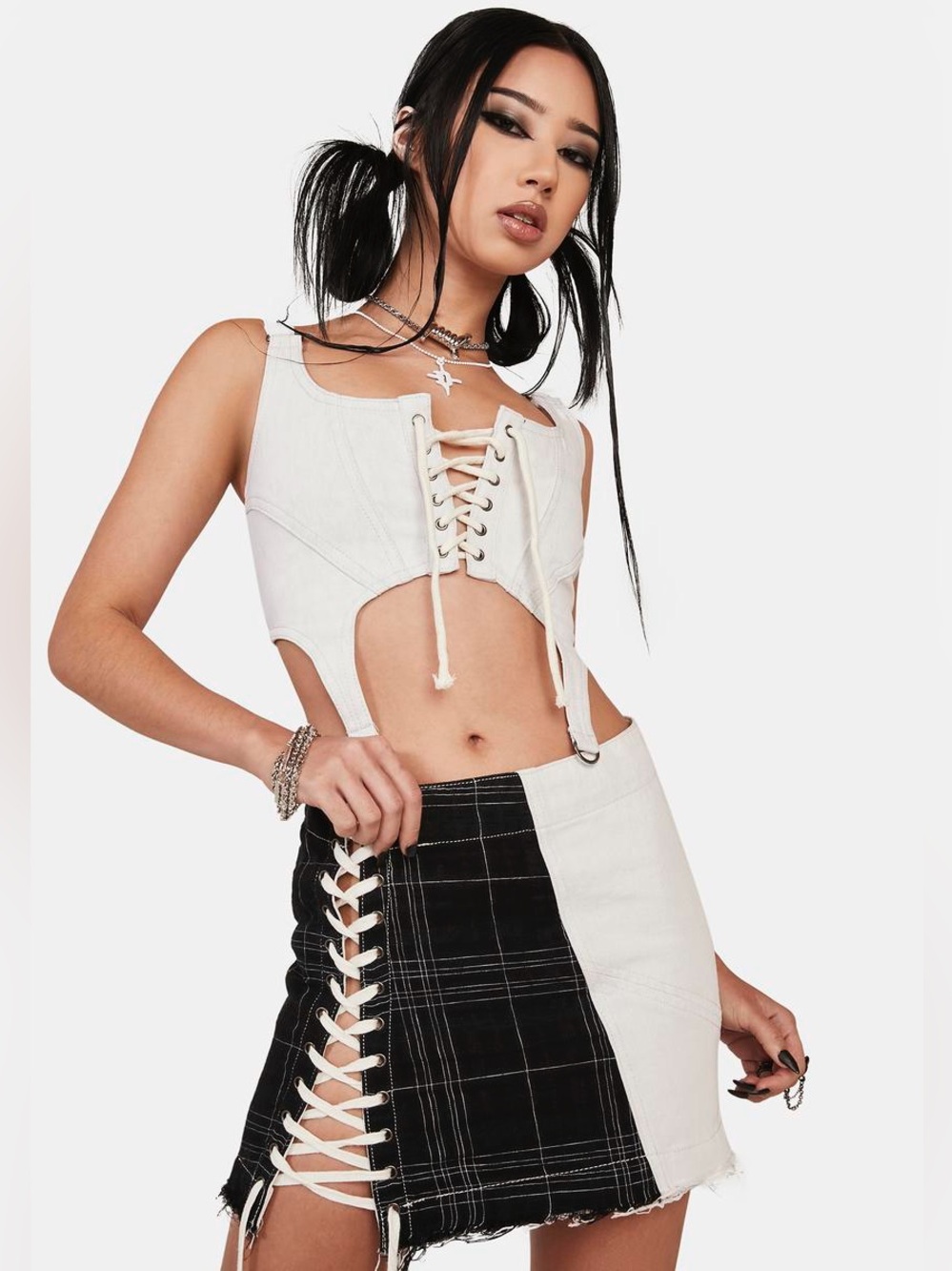 Darker Wavs Cotton Linen Blend Distortion Patchwork Lace Up Skirt L Dolls Kills